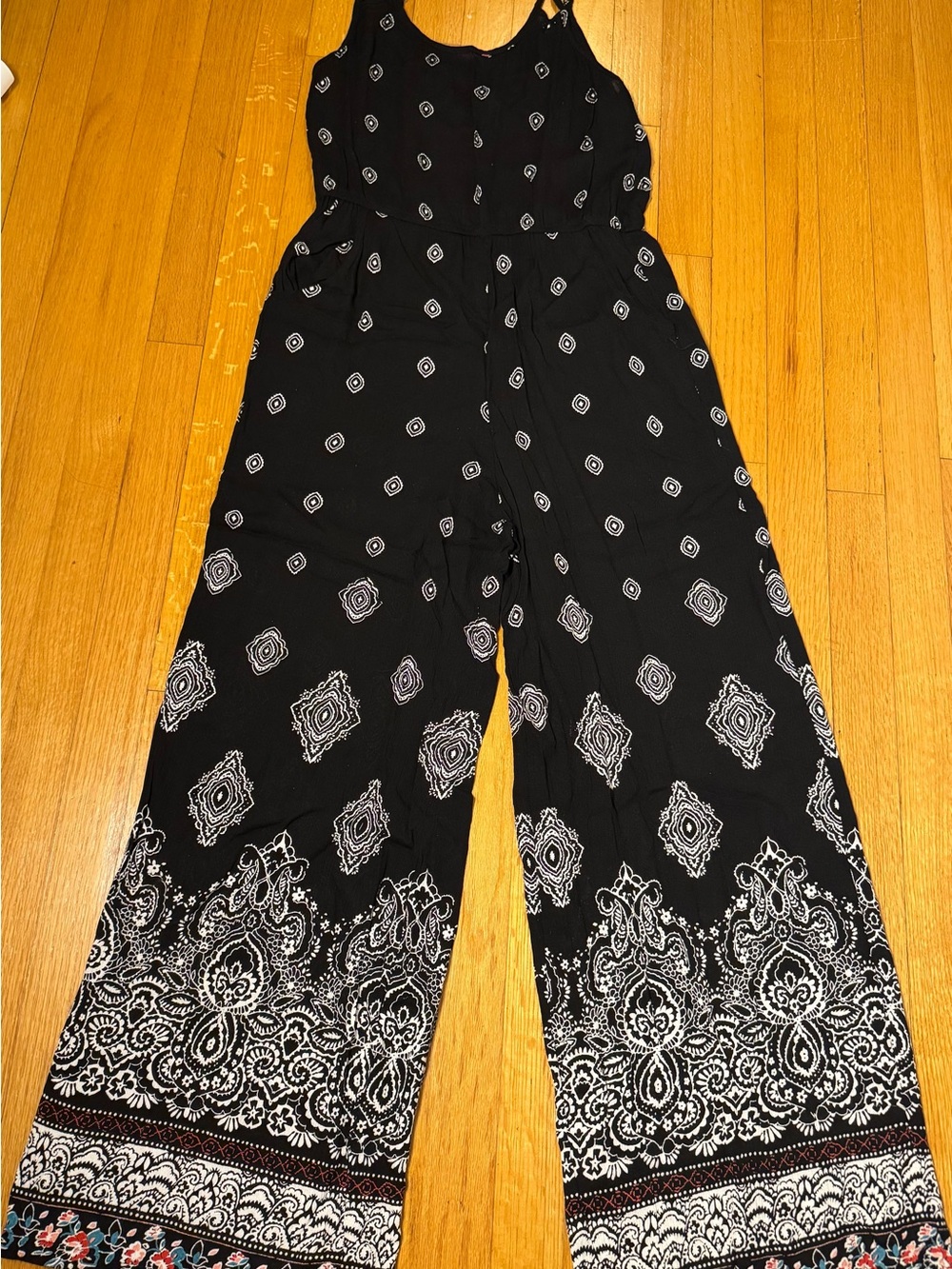 Angie Boho Black White Bandana Geometric Wide-Leg Jumpsuit Size Small